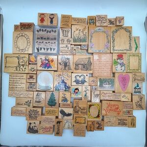 80+ VTG Wooden Rubber Stamp Lot 1990s Craft Greeting Holiday Disney Frames Mix